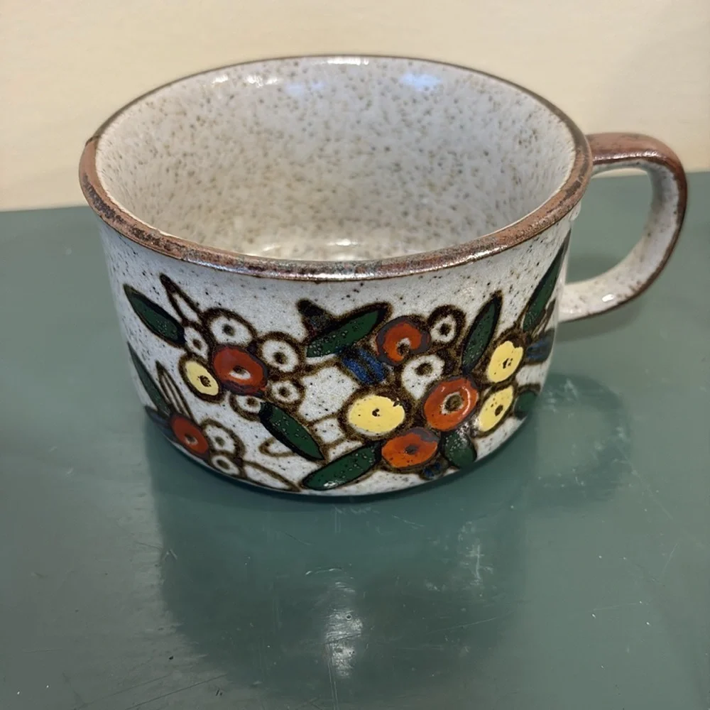 Vintage 1970s Otagiri Speckled Stoneware Floral Soup Mug